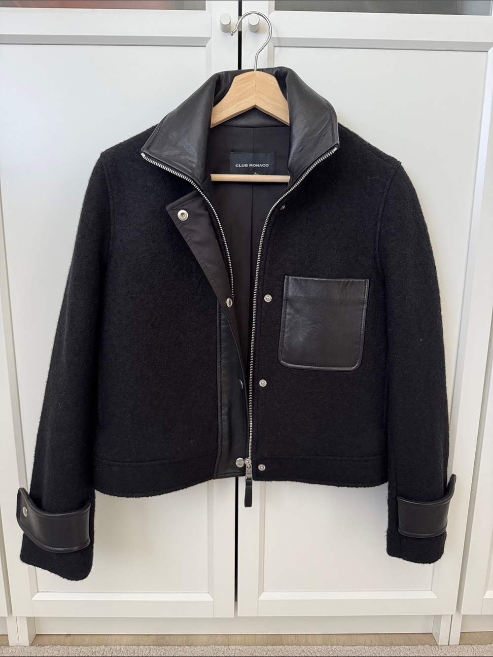 Club Monaco Black Wool-Blend Bomber Jacket with Leather Trim